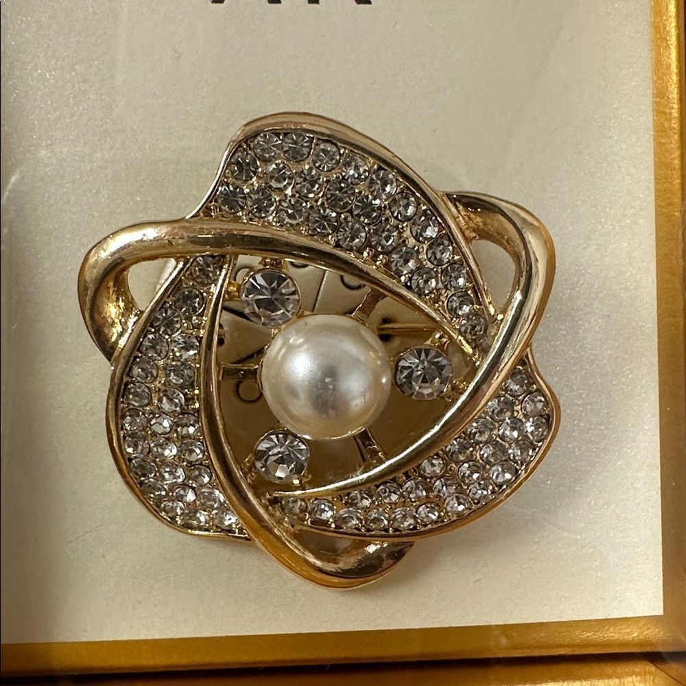 Anne Klein Gold Tone Center Faux Pearl Clear Rhinestone Brooch